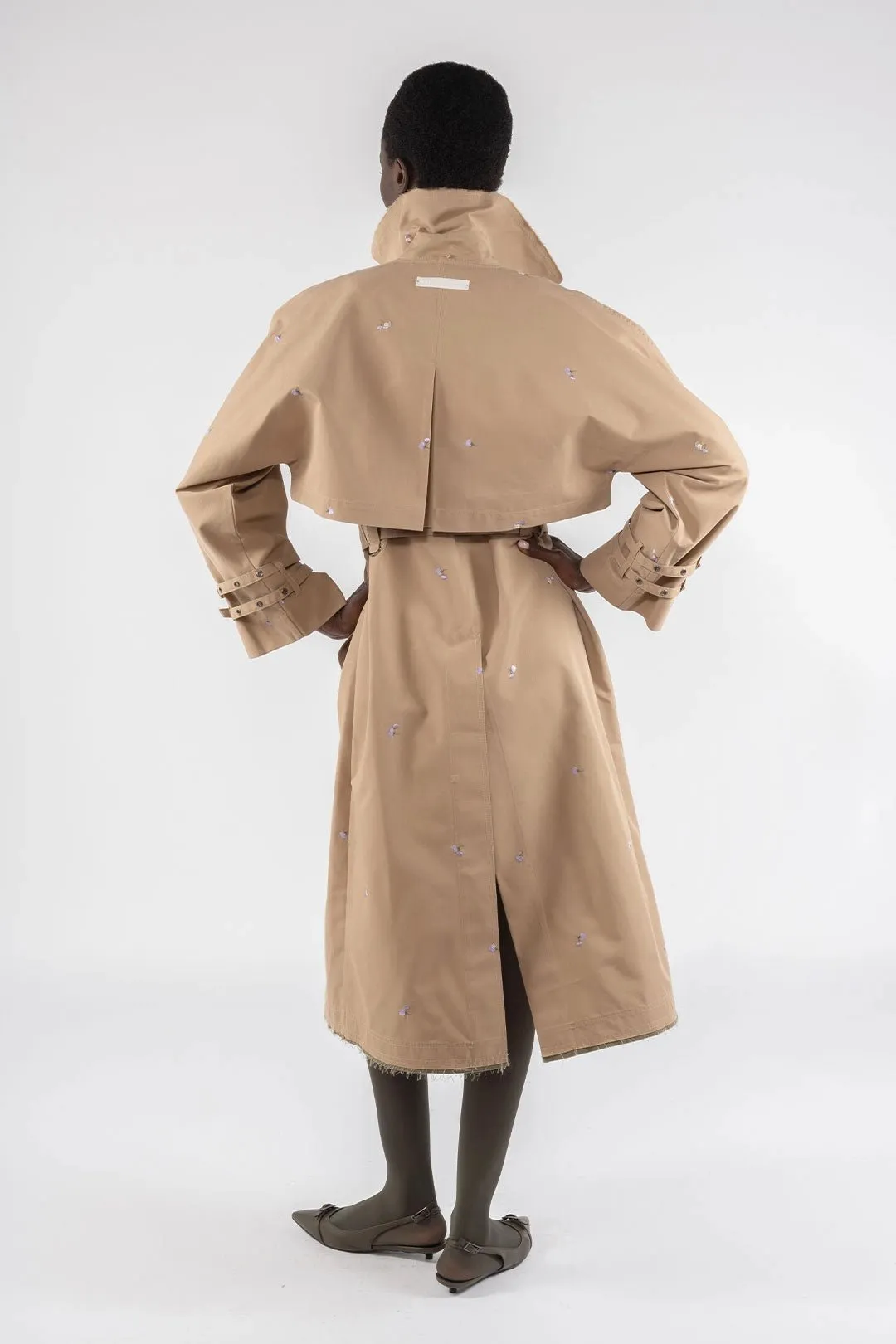 Embroidered Gabardine Trench - Khaki
