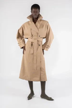 Embroidered Gabardine Trench - Khaki