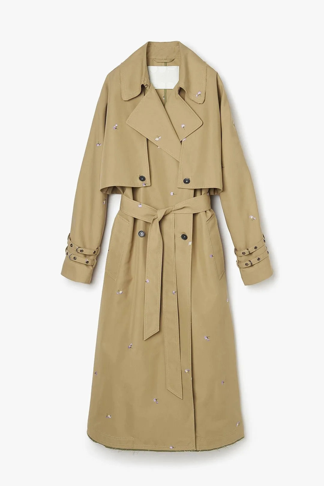 Embroidered Gabardine Trench - Khaki