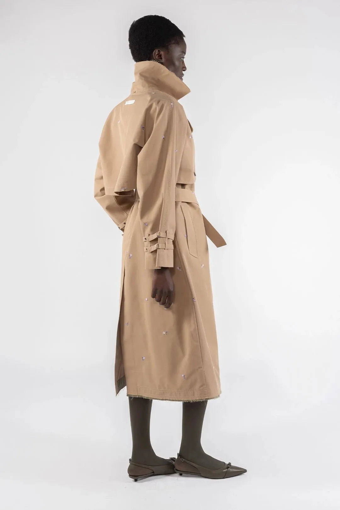 Embroidered Gabardine Trench - Khaki