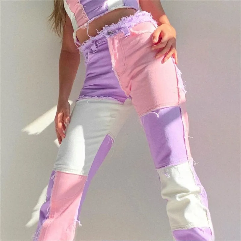 Heritage Thrift Patchwork Contast Color Hip Hop Trousers Women High Waist Street Wear Tassel Jeans Casual Denim Pants