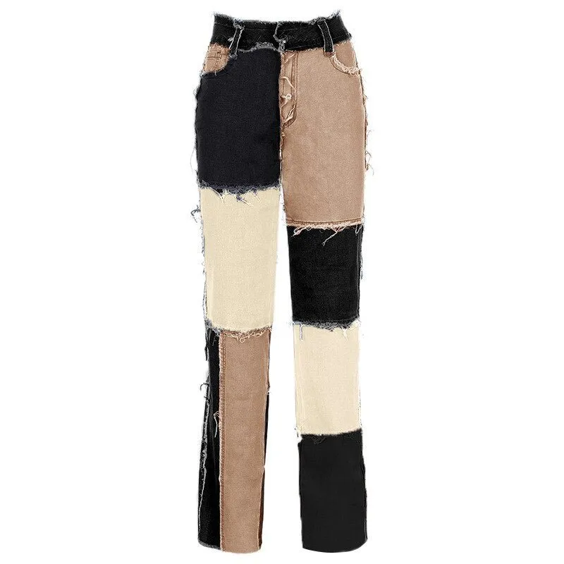 Heritage Thrift Patchwork Contast Color Hip Hop Trousers Women High Waist Street Wear Tassel Jeans Casual Denim Pants