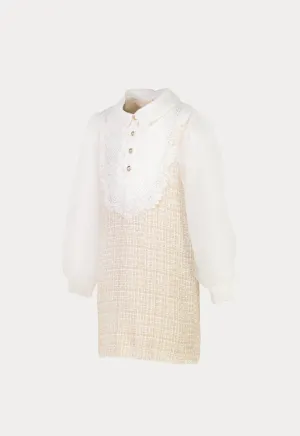Lurex Tweed Lace Bib Balloon Long Sleeve Dress