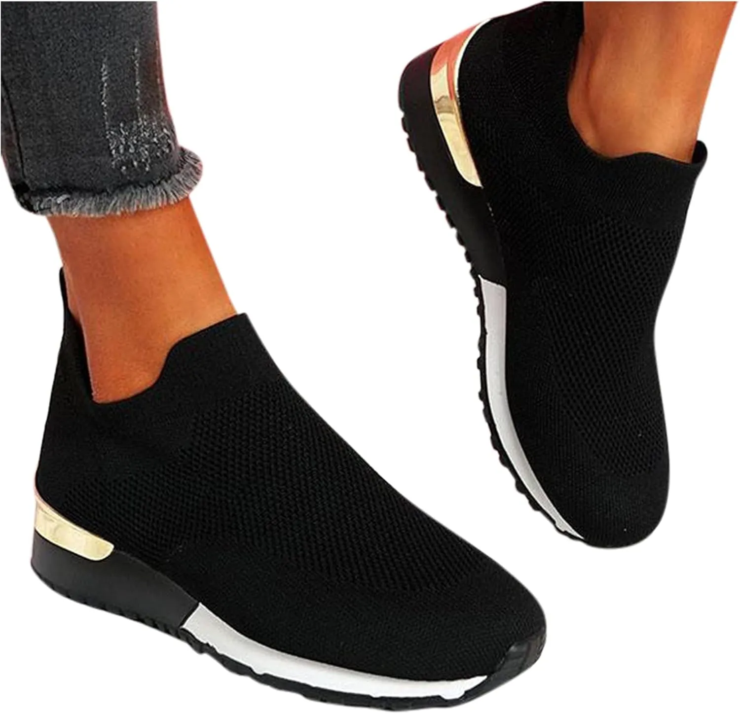 Women's Fashion Sneaker Mesh Slip On Black Non Slip Shoes for Women Comfortable Women's Walking Shoes with Arch Support Flat Loafers Safety Toe Sneakers Men