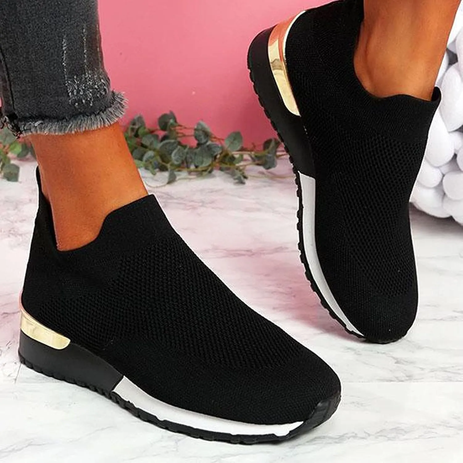 Women's Fashion Sneaker Mesh Slip On Black Non Slip Shoes for Women Comfortable Women's Walking Shoes with Arch Support Flat Loafers Safety Toe Sneakers Men